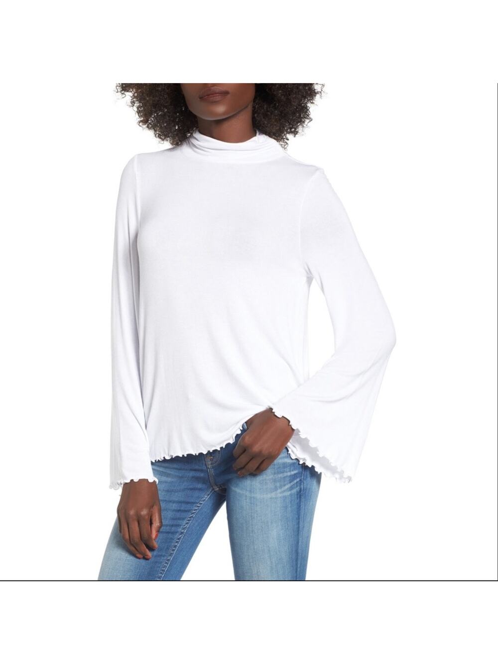BP. Bell Sleeve Scalloped Hem White Turtleneck